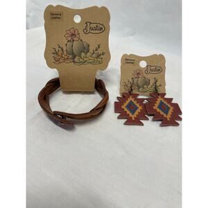 Justin Boot Barn Brand Genuine Leather Brown Bracelet & Dangle Earrings Set NWT